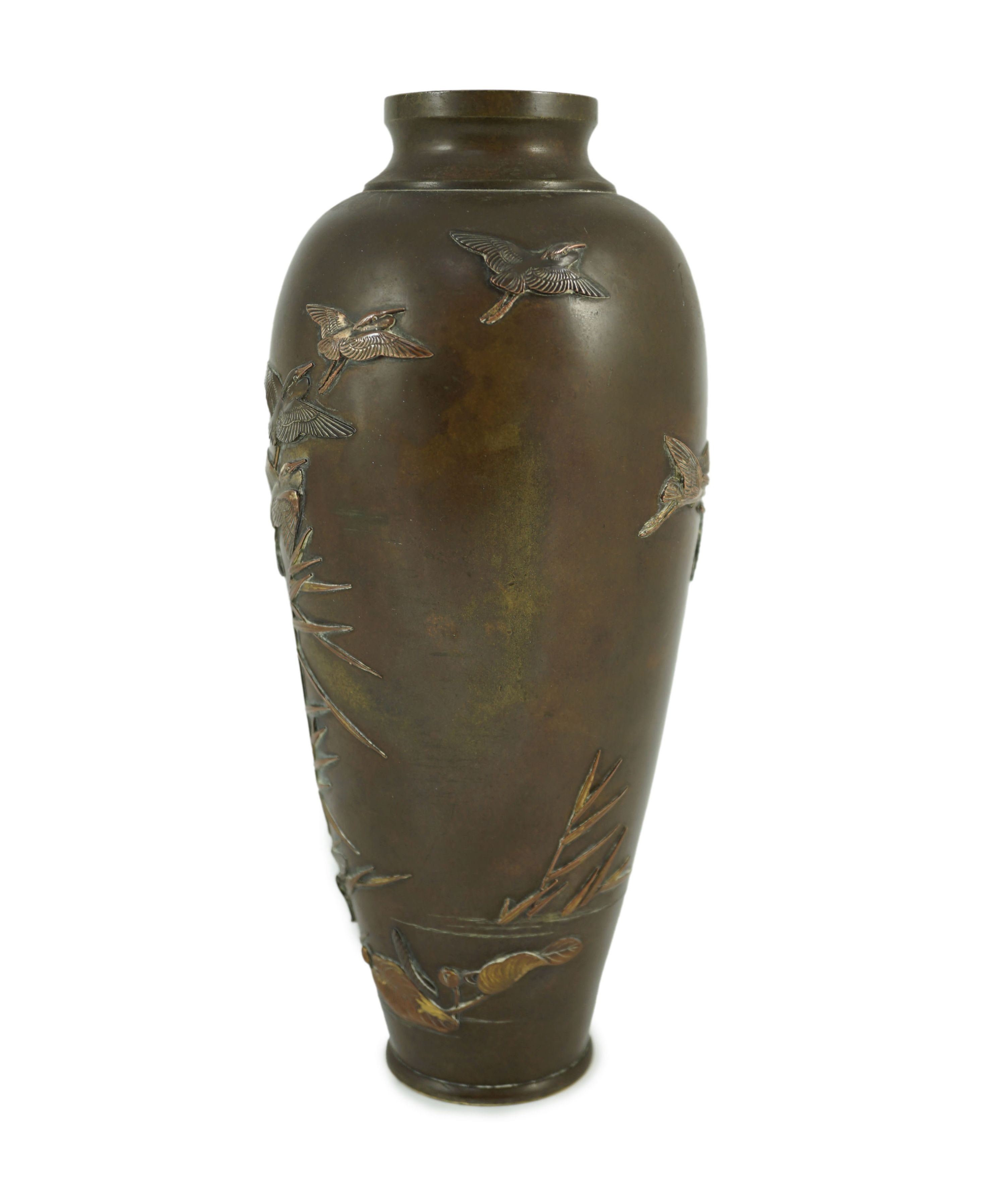 A Japanese bronze and mixed metal vase, by Miyabe Atsuyoshi, Meiji period, 25.7cm high